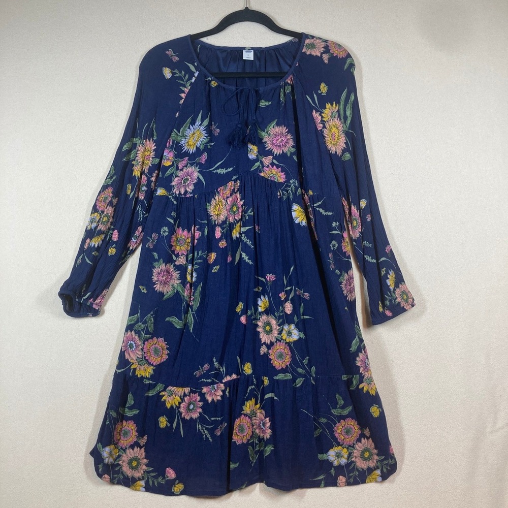 Old Navy Dress Med Navy Blue Floral Babydoll Empire Semi Sheer Boho Country